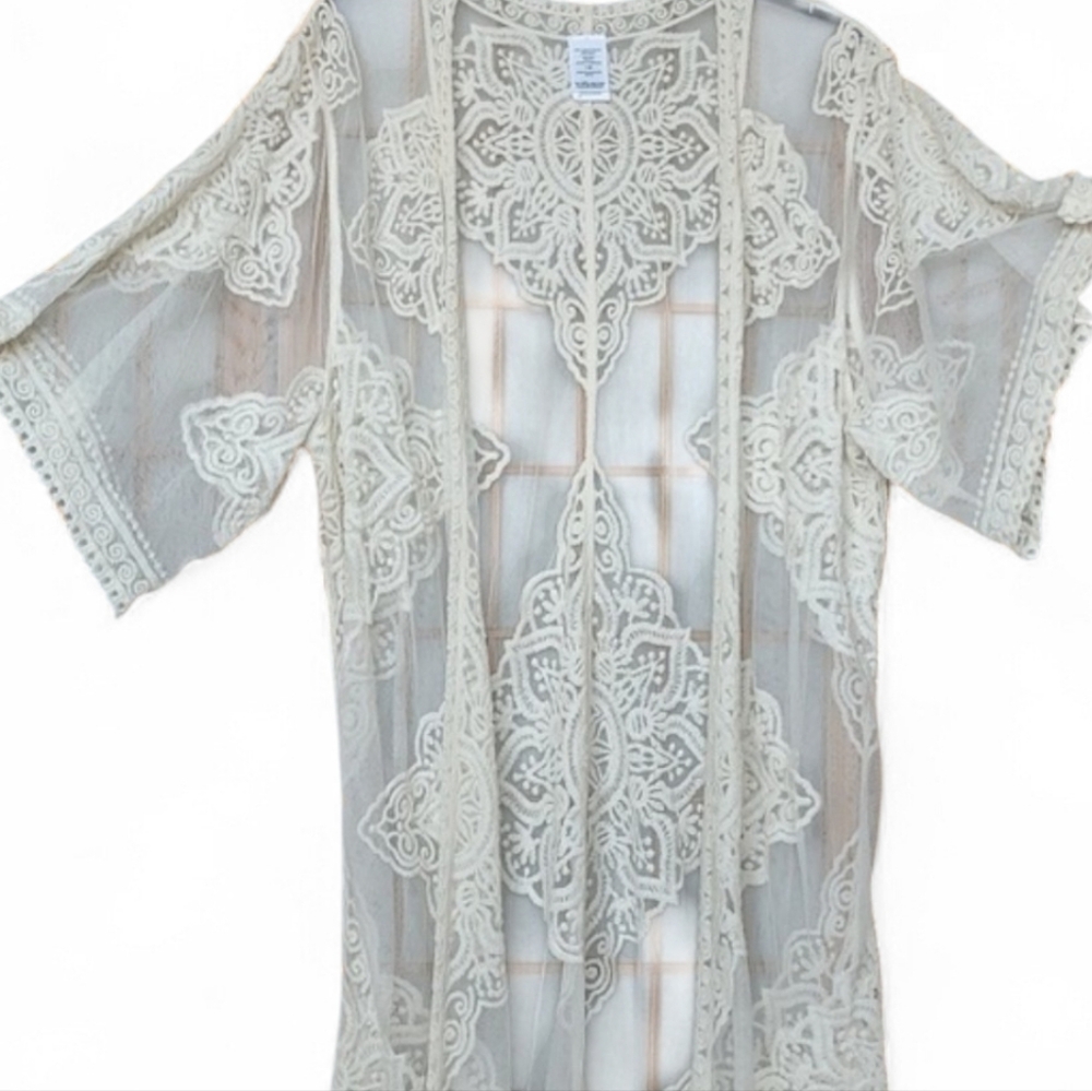 Cream Sheer Lacey Beach Cover Up / Short Sleeve Open Cardigan Sz Small